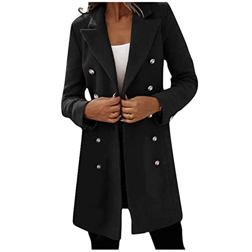 FUPODD Langer Damen-Trenchcoat Aus Wolle Frauenmantel Mittellanger Wintercoat Revers Herbstmantel Zweireihiger Mit Knöpfen Damenmantel Mit Taschen Wolljacke Mit Reverskragen Cardigan Slim Einfarbig von FUPODD