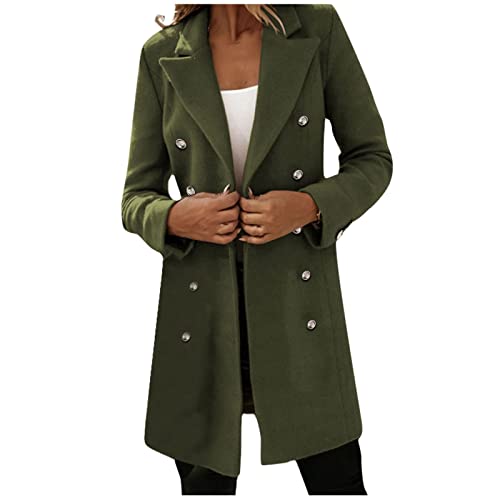 FUPODD Langer Damen-Trenchcoat Aus Wolle Frauenmantel Mittellanger Wintercoat Revers Herbstmantel Zweireihiger Mit Knöpfen Damenmantel Mit Taschen Wolljacke Mit Reverskragen Cardigan Slim Einfarbig von FUPODD