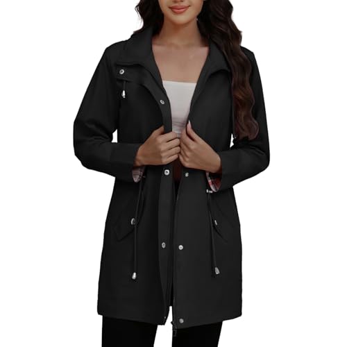 FUPODD Langer Mantel Damen Leichter Regenjacke Regenponcho Ultraleicht Schlupfjacke Damenjacke Sommer Coat Damen Lange Funktionsjacke Arbeitsjacke Mollig Regenjacken Reißverschluss Große Jacke Rosa von FUPODD