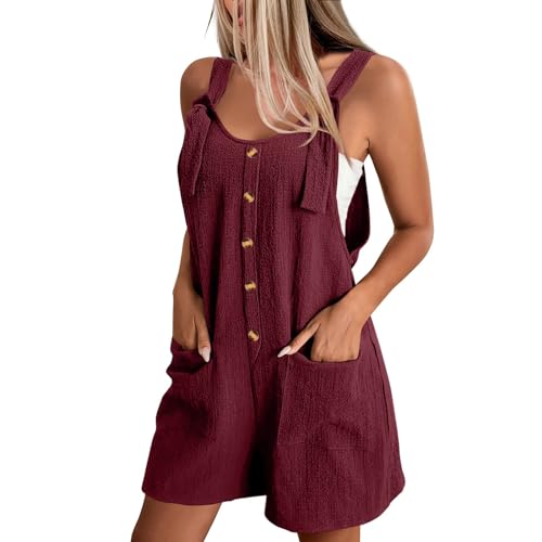 FUPODD Latzhose Damen Kurz Leinen Umstands Jumpsuit Retro Lässig Overall Mit Große Taschen Sommeroverall Kurzer Wide Leg Ganzkörperanzug Rückenfrei Sommerjumpsuits Sport Body Suit Overalls Onesie von FUPODD