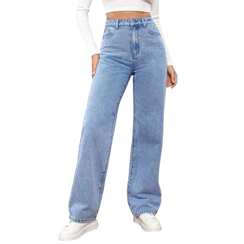 FUPODD Leichte Jeans Damen Jeanhose High Waist Stoffhose Damen Bequeme Baggy Jeans Mit Knöpfen Vintage Hosen Mit Taschen Jeanshosen 90er Streetwear Freizeithose Denim Gerades Bein von FUPODD