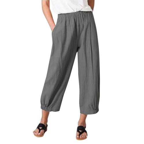 FUPODD Leichte Sommerhose, Damen Haremshose Stoffhose Damen High Waist Plissee Hose Bequeme Sporthose Elastisch Bund Pluderhose Mit Taschen Schlupfhose Einfarbig Freizeithose von FUPODD