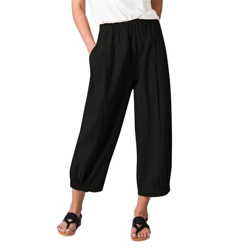 FUPODD Leichte Sommerhose, Damen Haremshose Stoffhose Damen High Waist Plissee Hose Bequeme Sporthose Elastisch Bund Pluderhose Mit Taschen Schlupfhose Einfarbig Freizeithose von FUPODD