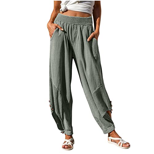 FUPODD Leichte Sommerhose, Damen Leinenhose Damen Sommer Lang Weites Bein Freizeithose Elegant Locker Stoffhose Sommerhose High Waist Bequem Luftig Leinen Hose Haremshose Pumphose Aladinhose von FUPODD