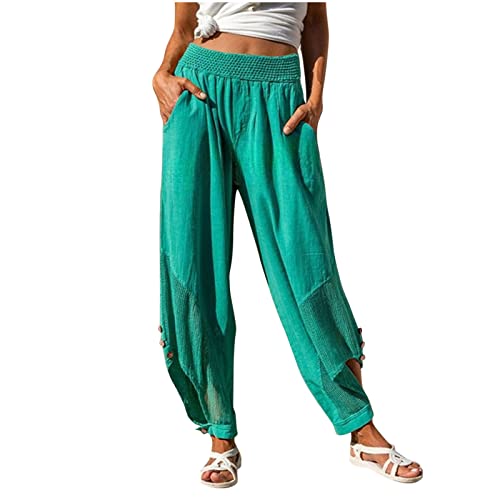 FUPODD Leichte Sommerhose, Damen Leinenhose Damen Sommer Lang Weites Bein Freizeithose Elegant Locker Stoffhose Sommerhose High Waist Bequem Luftig Leinen Hose Haremshose Pumphose Aladinhose von FUPODD