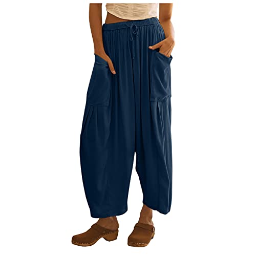 FUPODD Leichte Sommerhose, Damen Leinenhose Damen Sommer Lang Weites Bein Haremshose Pumphose Aladinhose Sommerhosen High Waist Bequem Luftig Leinen Freizeithose Locker Schlupfhose Palazzo Hose von FUPODD