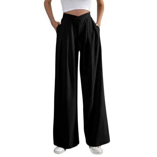 FUPODD Leichte Sommerhose, Damen Marlenehose High Waist Anzughose Elegant Palazzo Hose Bequeme Business Hosen Einfarbig Freizeithose Mit Gummizug Musselin Hose Frauen Luftig Schlupfhose von FUPODD