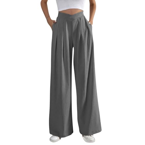FUPODD Leichte Sommerhose, Damen Marlenehose High Waist Anzughose Elegant Palazzo Hose Bequeme Business Hosen Einfarbig Freizeithose Mit Gummizug Musselin Hose Frauen Luftig Schlupfhose von FUPODD