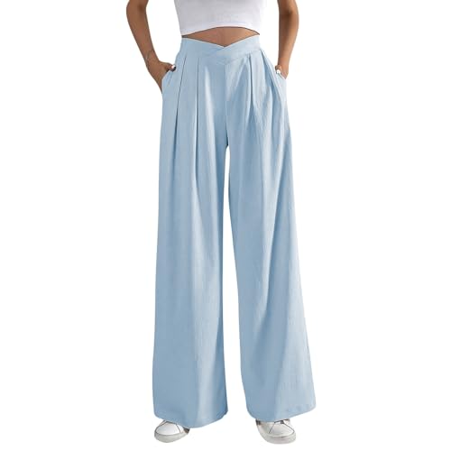 FUPODD Leichte Sommerhose, Damen Marlenehose High Waist Anzughose Elegant Palazzo Hose Bequeme Business Hosen Einfarbig Freizeithose Mit Gummizug Musselin Hose Frauen Luftig Schlupfhose von FUPODD