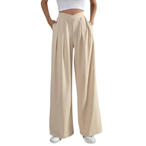 FUPODD Leichte Sommerhose, Damen Marlenehose High Waist Anzughose Elegant Palazzo Hose Bequeme Business Hosen Einfarbig Freizeithose Mit Gummizug Musselin Hose Frauen Luftig Schlupfhose von FUPODD
