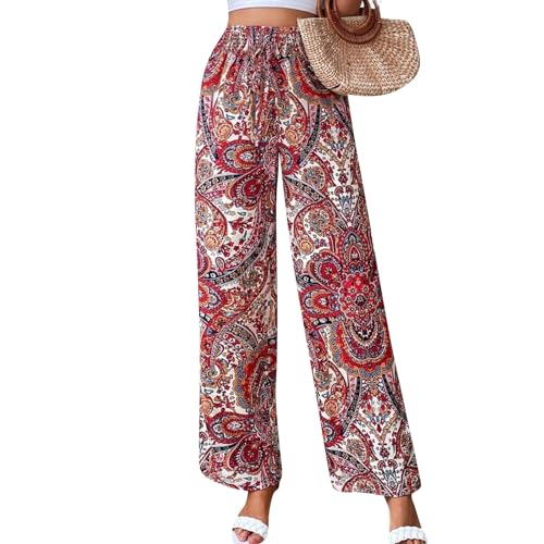 FUPODD Leichte Sommerhose, Damen Palazzo Hose Bequeme Wide Leg Hose Hohe Taile Strandhose Print Freizeithose Mit Drawstring Gürtel Schlafanzughose Frauen Comfy Lounge Hose Luftig von FUPODD