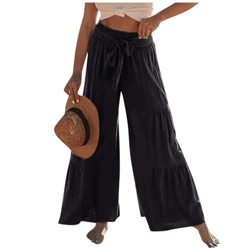 FUPODD Leichte Sommerhose, Damen Palazzo Hose Damen Sommer High Waist Plissee Hose Weites Bein Stoffhose Bequeme Culottes Hosen Schnüren Schlupfhose Frauen Einfarbig Freizeithose von FUPODD