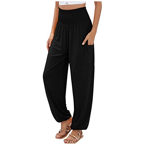 FUPODD Leichte Sommerhose,Damen Weite Sommerhose Damen Lang Palazzo Hose Plissee High Waist Hose Elegant Stretch Lockere Sommerhosen Bunte Damen Freizeithose mit Bündchen von FUPODD