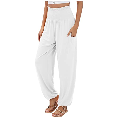 FUPODD Leichte Sommerhose,Damen Weite Sommerhose Damen Lang Palazzo Hose Plissee High Waist Hose Elegant Stretch Lockere Sommerhosen Bunte Damen Freizeithose mit Bündchen von FUPODD