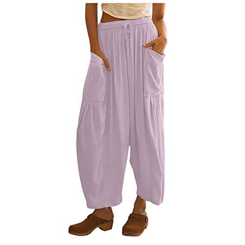 FUPODD Leichte Sommerhose Damen Leinenhose Sommer Lang Hose Weites Bein Sommerhose High Waist Bequem Luftig Leinen Freizeithose Leicht Elegant Locker Schlupfhose Stoffhose Palazzo Hose Wickelhose von FUPODD