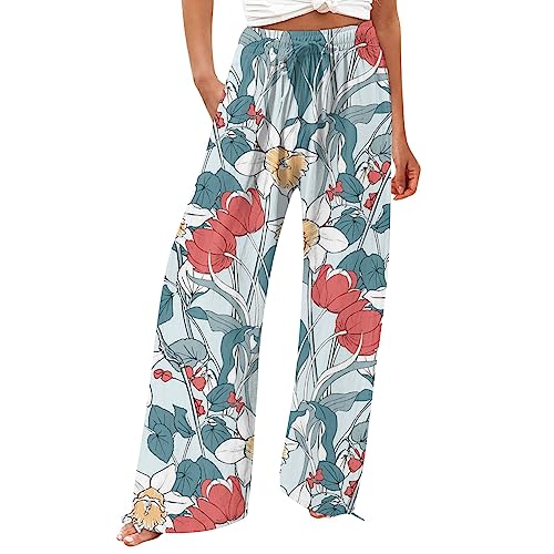 FUPODD Leichte Sommerhose Hose Stoffhose Hose mit Kordelzug Freizeithose Leicht Elegant Locker Culottes Hosen Damen Bunt Sommer Lang Weites Bein Sommerhose High Waist Bequem Luftig Schlupfhose von FUPODD