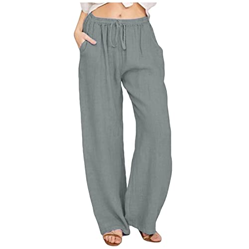 FUPODD Leinenhose Damen,Leichte Sommerhose, Damen Sommer Leicht Luftige Einfarbig Freizeithose Lang Mit Kordelzug Marlenehose Elegant Gerades Bein Palazzo Hose Weites Bein Strandhose Leinen von FUPODD