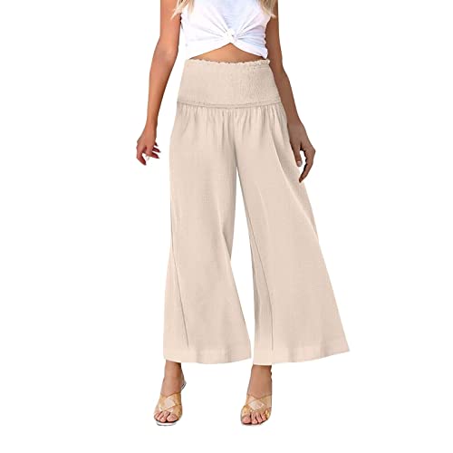 FUPODD Leinenhose Damen Plissee Lang Leichte Sommerhose, Damen Caprihose Sommer Marlenehose Elegant Hohe Taille 7/8 Palazzo Hose Schlaghose Sommerhosen Leicht Und Luftig Culottes Hosen Weites Bein von FUPODD