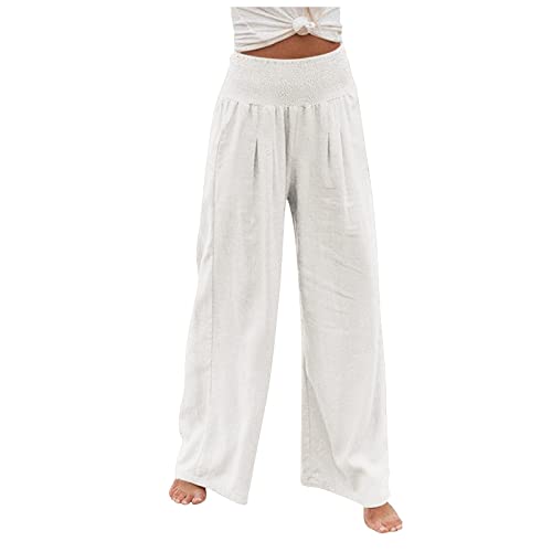 FUPODD Leinenhose Damen Sommer Lang Leichte Sommerhose, Damen 7/8 Caprihose Plissee Marlenehose Elegant Hohe Taille Palazzo Hose Schlaghose Sommerhosen Leicht Und Luftig Haremshose Weites Bein von FUPODD