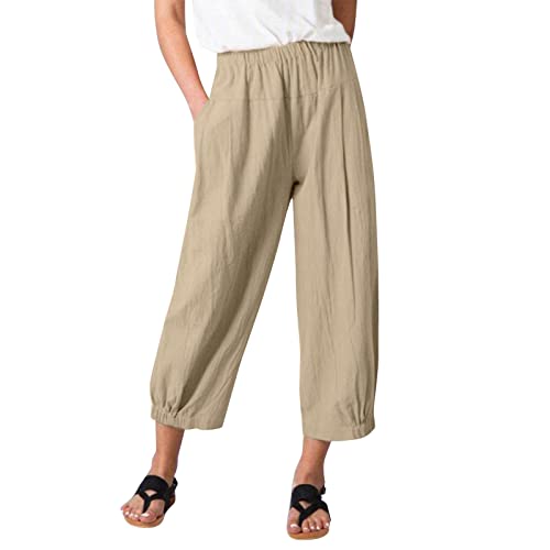 FUPODD Leinenhose Damen Sommer Lang Leichte Sommerhose, Damen Caprihose Marlenehose Elegant Palazzo Hose Culottes Weites Bein Freizeithose Lang mit Seitentasche Sommerhosen Leicht Und Luftig von FUPODD