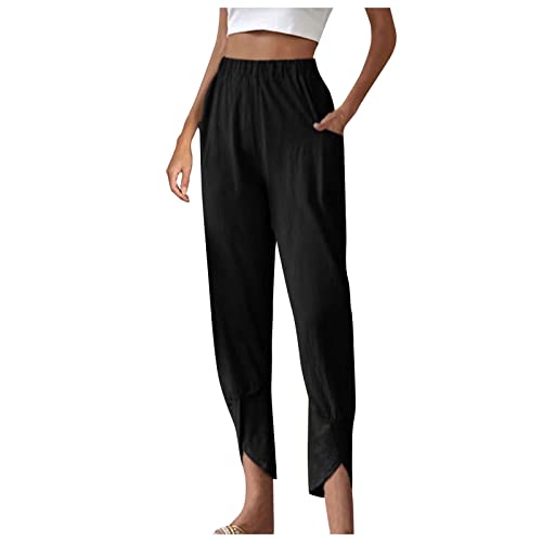 FUPODD Leinenhose Damen Sommer Lang Leichte Sommerhose, Damen Caprihose mit Bündchen Marlenehose Elegant Palazzo Hose Culottes Freizeithose Sporthose Sommerhosen Leicht Und Luftig von FUPODD