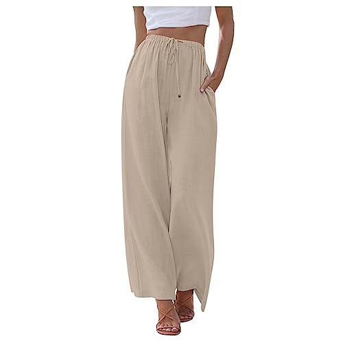 FUPODD Leinenhose Damen Sommer Lang Weites Bein Sommerhose High Waist Bequem Luftig Leinen Freizeithose Leicht Elegant Locker Schlupfhose Stoffhose Palazzo Hose Damen mit Kordelzug Schlaghose Stoff von FUPODD