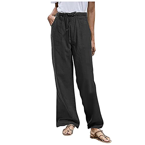 FUPODD Leinenhose Damen Sommer Lange Weites Bein Strandhose Leichte Bequem Elastisch Bund Sommerhose Mit Taschen Freizeithose Damen Lang Große Größen Baggy Hose Damen von FUPODD