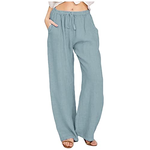 FUPODD Leinenhose Damen Sommer Leicht Luftige Leichte Sommerhose, Damen Einfarbig Freizeithose Lang Große Größen Mit Kordelzug Marlenehose Elegant Gerades Bein Palazzo Hose Weites Bein Haremshose von FUPODD