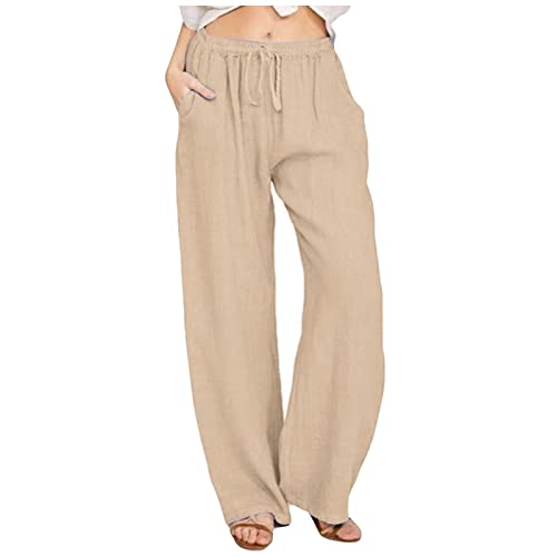 FUPODD Leinenhose Damen Sommer Leicht Luftige Leichte Sommerhose, Damen Einfarbig Freizeithose Lang Große Größen Mit Kordelzug Marlenehose Elegant Gerades Bein Palazzo Hose Weites Bein Haremshose von FUPODD