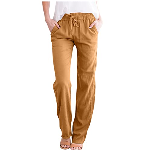 FUPODD Leinenhose Damen Sommer Leichte Sommerhose, Damen High Waist Sommerhose Lang Weites Bein Bequem Luftig Leinen Freizeithose Leicht Elegant Locker Kordelzug Stoffhose Mit Bündchen von FUPODD