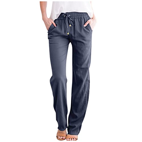 FUPODD Leinenhose Damen Sommer Leichte Sommerhose, Damen High Waist Sommerhose Lang Weites Bein Bequem Luftig Leinen Freizeithose Leicht Elegant Locker Kordelzug Stoffhose Mit Bündchen von FUPODD