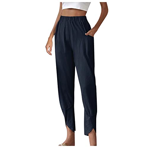 FUPODD Leinenhose Damen Sommer Leichte Sommerhose, Damen High Waist Sommerhose Lang Weites Bein Bequem Luftig Leinen Freizeithose Leicht Elegant Locker Kordelzug Stoffhose Mit Bündchen von FUPODD