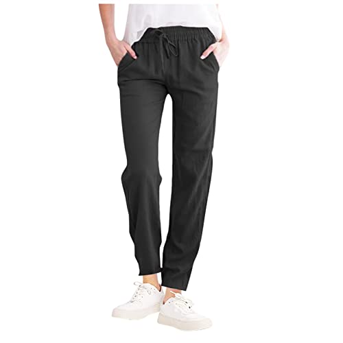 FUPODD Leinenhose Damen Sommer Leichte Sommerhose, Damen High Waist Sommerhose Lang Weites Bein Bequem Luftig Leinen Freizeithose Leicht Elegant Locker Kordelzug Stoffhose Mit Bündchen von FUPODD