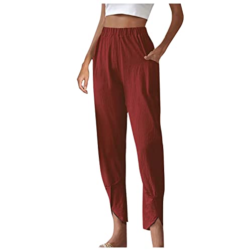 FUPODD Leinenhose Damen Sommer Leichte Sommerhose, Damen High Waist Sommerhose Lang Weites Bein Bequem Luftig Leinen Freizeithose Leicht Elegant Locker Kordelzug Stoffhose Mit Bündchen von FUPODD