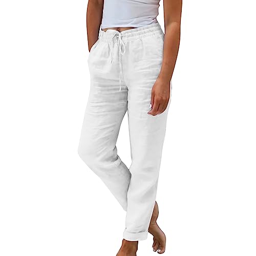 FUPODD Leinenhose Damen Sommer Leichte Sommerhose Damen Lang Hosen Damen High Waist Elegant Weite Hose Damen SommerFreizeithose Damen mit Taschen Hose Damen Stretch mit Kordelzug von FUPODD