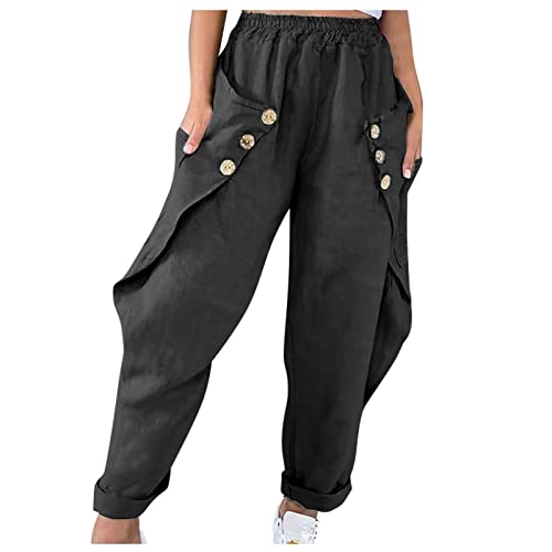 FUPODD Leinenhose Damen Sommer Zweireihig Freizeithose Weite Gerades Bein Leicht Luftige Leichte Sommerhose, Damen Arbeitshose Damen Haremshose Damen Mit Taschen von FUPODD