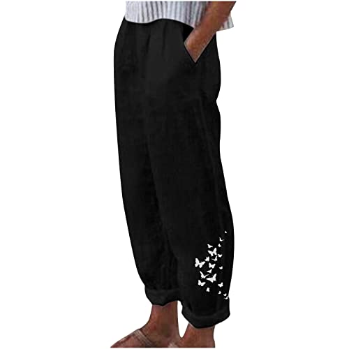 FUPODD Leinenhose Damen Sommer übergrösse Caprihose Damen Sommer Sporthose Lang Gerades Bein Walking Hose Damen Hose Mit Seitentaschen Sommerhose Leicht Business Freizeithose Mit Gummibund von FUPODD