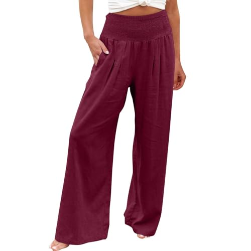 FUPODD Leinenhose Damen Sommerhose Marlenehose Leicht Palazzo Hose High Waist Freizeithose Damen Bequeme Strandhose Mit Gummizug Lounge Hose Mit Seitentaschen Luftig Hosen Frauen Elegant von FUPODD