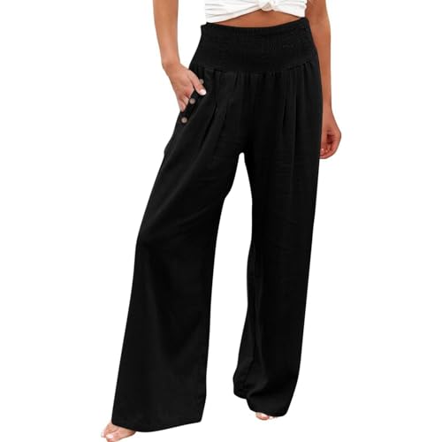 FUPODD Leinenhose Damen Sommerhose Marlenehose Leicht Palazzo Hose High Waist Freizeithose Damen Bequeme Strandhose Mit Gummizug Lounge Hose Mit Seitentaschen Luftig Hosen Frauen Elegant von FUPODD