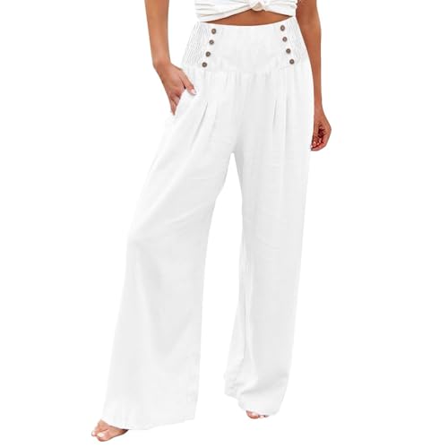 FUPODD Leinenhose Damen Sommerhose Marlenehose Leicht Palazzo Hose High Waist Freizeithose Damen Bequeme Strandhose Mit Gummizug Lounge Hose Mit Seitentaschen Luftig Hosen Frauen Elegant von FUPODD