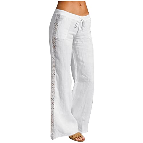 FUPODD Leinenhose Weiß Damen Weites Bein Sommerhose Damen Leicht Lang Hose Damen Elegant Stretch Damen Hosen Sommerhosen Große Größen Pumphose Sommer Freizeithose mit Taschen von FUPODD