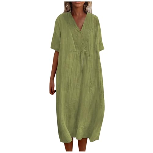 FUPODD Leinenkleider Damen Midi Sommerkleid Elegant Kleid Sommer Halbarm Locker Damenkleider Lang V Ausschnitt Sommerkleider Damen Leicht Luftig Midikleid Mit Ärmeln Tunika Kleid Casual Strandkleid von FUPODD