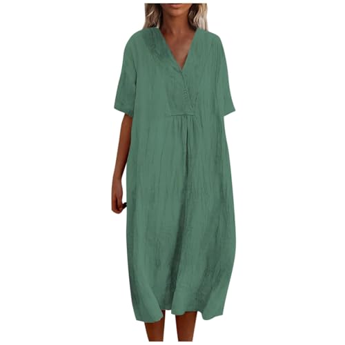FUPODD Leinenkleider Damen Midi Sommerkleid Elegant Kleid Sommer Halbarm Locker Damenkleider Lang V Ausschnitt Sommerkleider Damen Leicht Luftig Midikleid Mit Ärmeln Tunika Kleid Casual Strandkleid von FUPODD