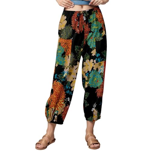 FUPODD Lockere Sommerhose Damen Stoffhose Damen High Waist Strandhose Blumen Leinen Baumwollhose Mit Tunnelzug Und Taschen Freizeithose Bequeme Palazzo Hose Frauen Leicht Und Luftig von FUPODD