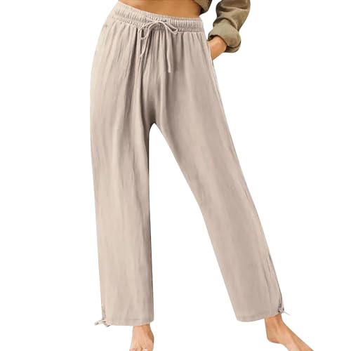 FUPODD Luftige Sommerhose Palazzo Hose Damen Sommer Marlenehose High Waist Stoffhose Mit Gummizug Weite Hose Locker Freizeithose Mit Kordelzug und Taschen Flatterhose Große Größen von FUPODD