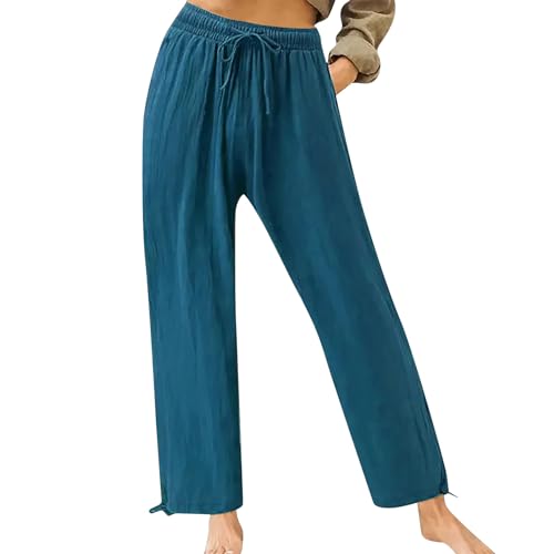 FUPODD Luftige Sommerhose Palazzo Hose Damen Sommer Marlenehose High Waist Stoffhose Mit Gummizug Weite Hose Locker Freizeithose Mit Kordelzug und Taschen Flatterhose Große Größen von FUPODD