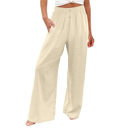 FUPODD Marlenehose Leichte Sommerhose, Damen Hoher Bund Schlupfhose Bequeme Palazzo Damen Hose Mit Knöpfen Freizeithose Mit Tunnelzug Und Taschen Umstandshose Locker Luftige Hosen von FUPODD