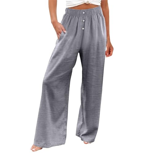 FUPODD Marlenehose Leichte Sommerhose, Damen Hoher Bund Schlupfhose Bequeme Palazzo Damen Hose Mit Knöpfen Freizeithose Mit Tunnelzug Und Taschen Umstandshose Locker Luftige Hosen von FUPODD