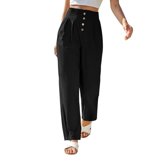 FUPODD Marlenehose Sommerhose Damen Leicht Stoffhose High Waist Palazzo Hose Gerades Bein Arbeitshose Einfarbig Plissee Hose Mit Knöpfen Strandhose Bequeme Schlupfhose Mit Gummizug von FUPODD