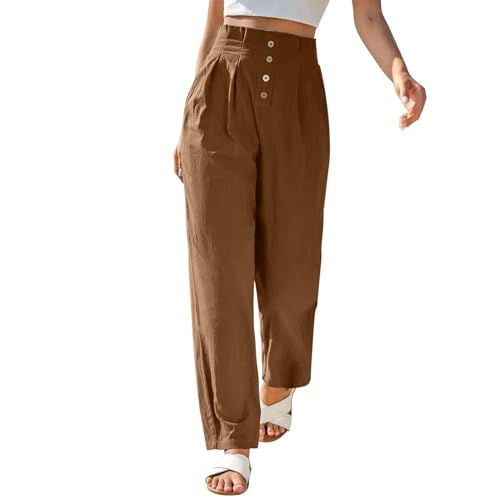 FUPODD Marlenehose Sommerhose Damen Leicht Stoffhose High Waist Palazzo Hose Gerades Bein Arbeitshose Einfarbig Plissee Hose Mit Knöpfen Strandhose Bequeme Schlupfhose Mit Gummizug von FUPODD